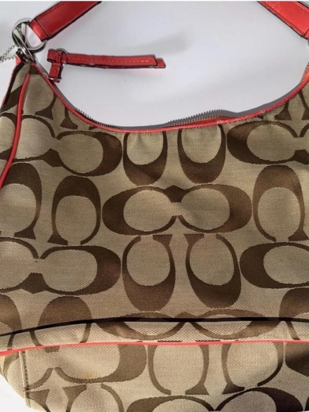 Coach Khaki Signature Shoulder Bag with Coral Trim